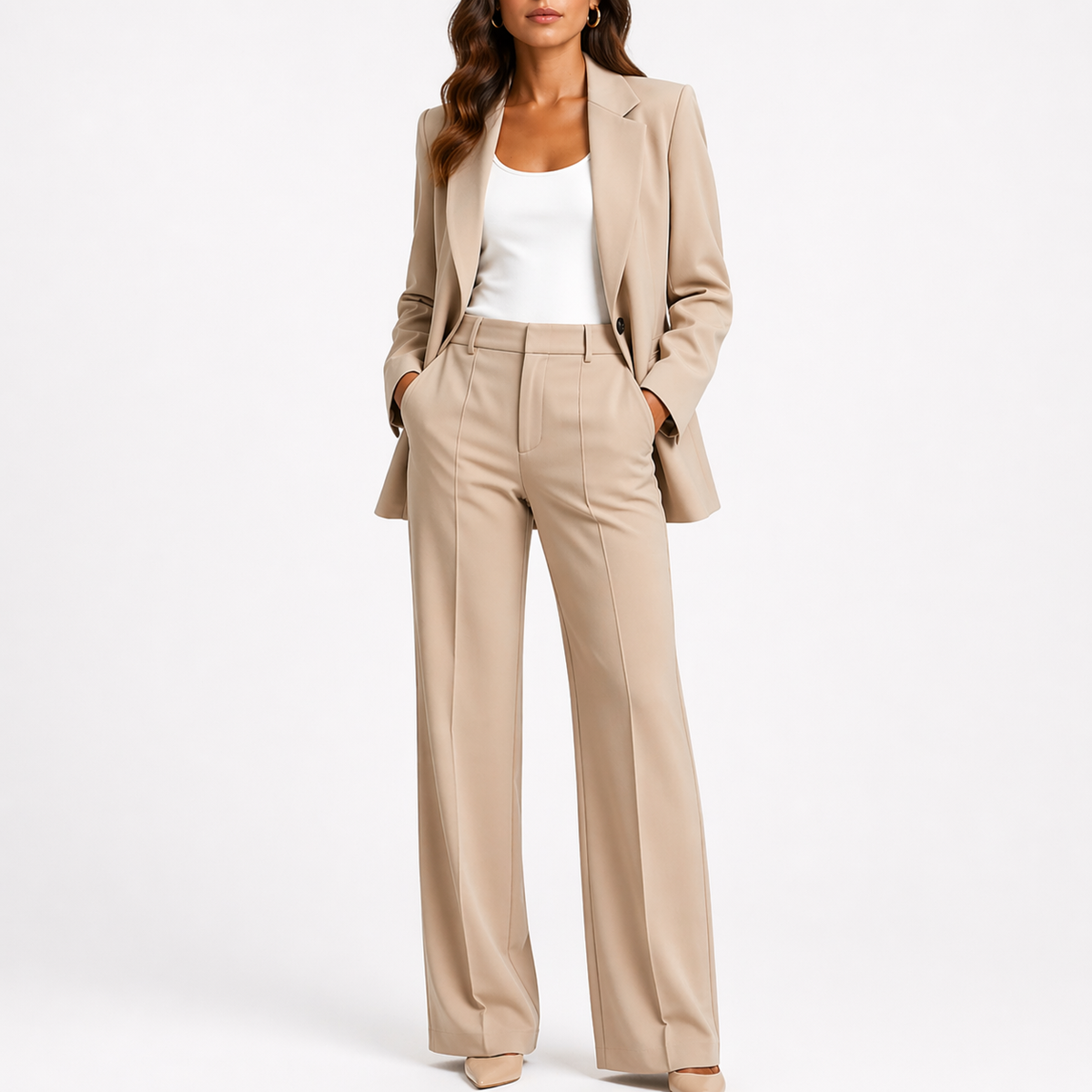 Feathorne Women's Constance Beige Two-Piece Blazer Set - front view style