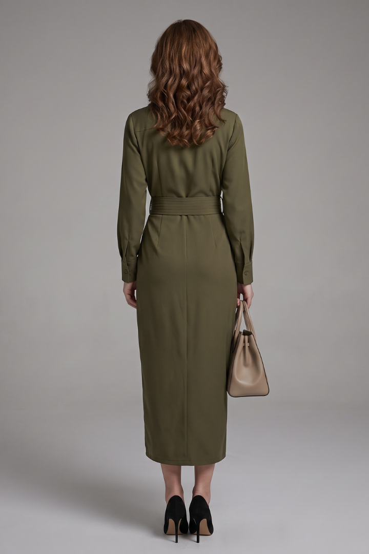 Feathorne Women's Anthea Green Wrap Midi Dress - detail view showing collar