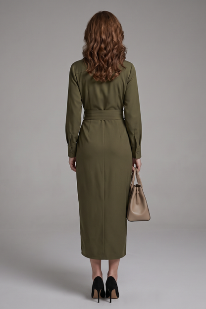 Feathorne Women's Anthea Green Wrap Midi Dress - detail view showing collar
