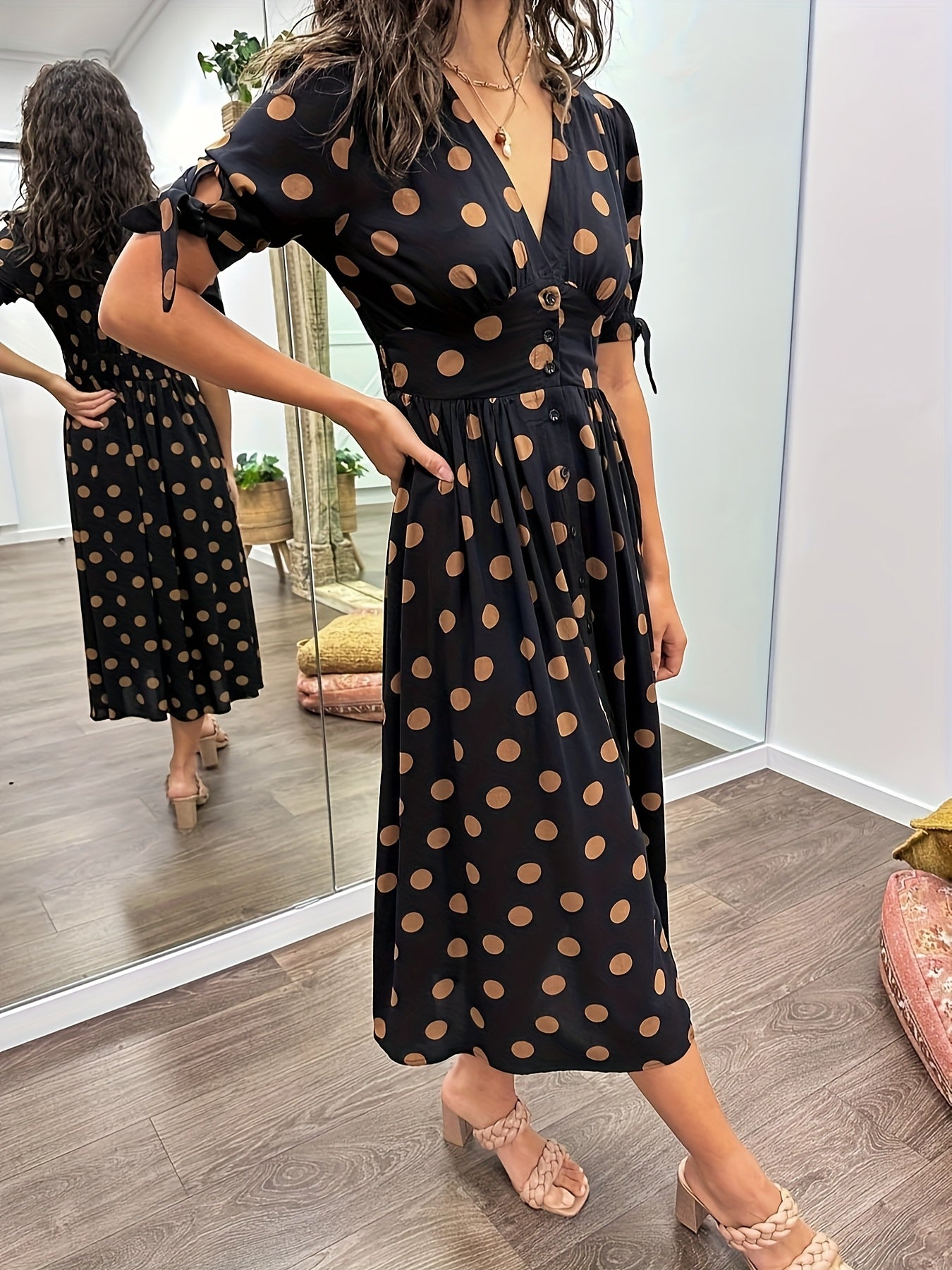 Feathorne Women's Beatrice Black Wrap Midi Dress - sleeve detail close-up