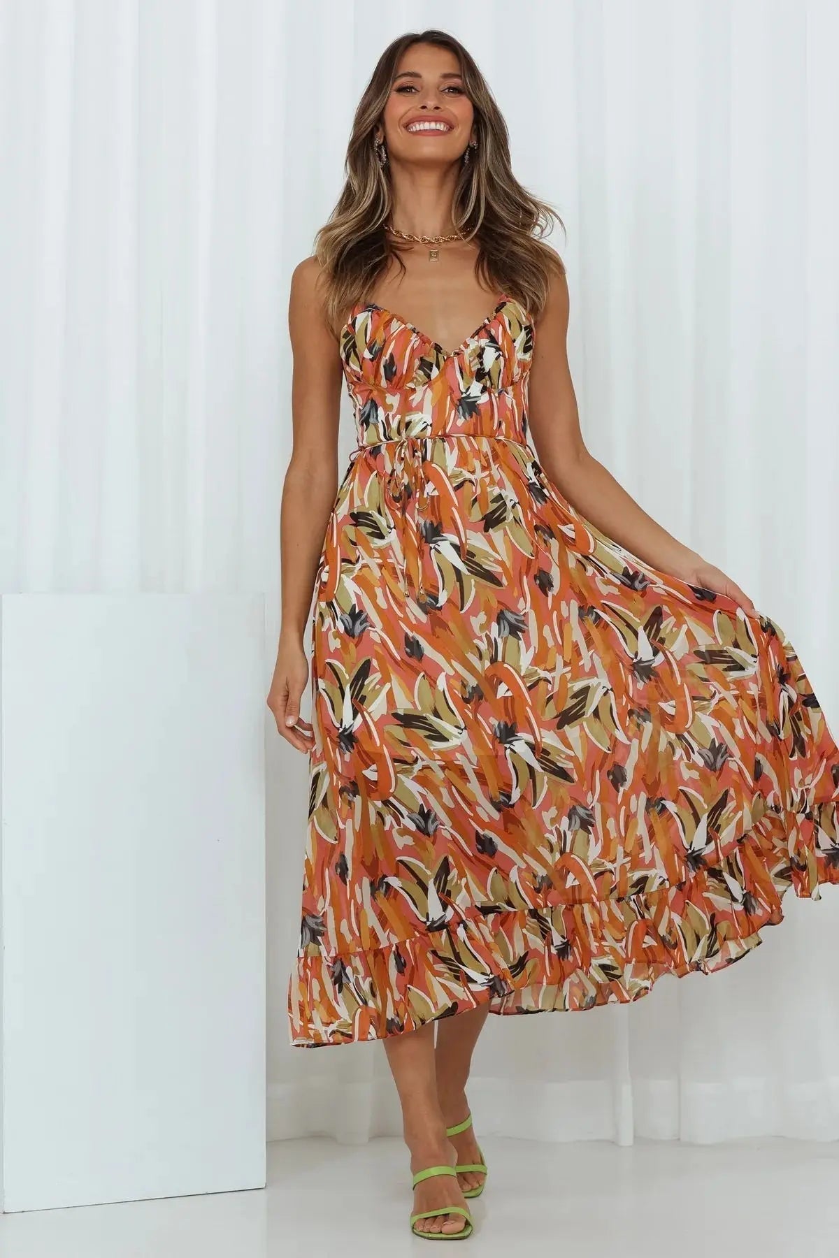 Feathorne Women's Amelia Orange Wrap Midi Dress - back view