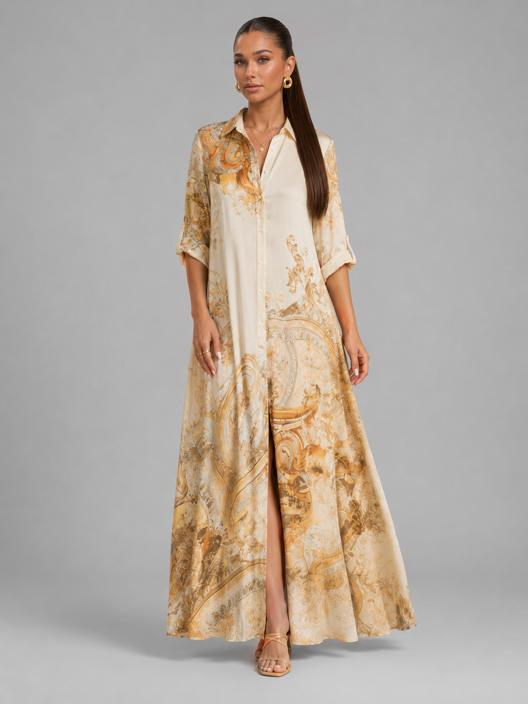 Feathorne Women's Baroque Print Button Front Maxi Dress - view 7