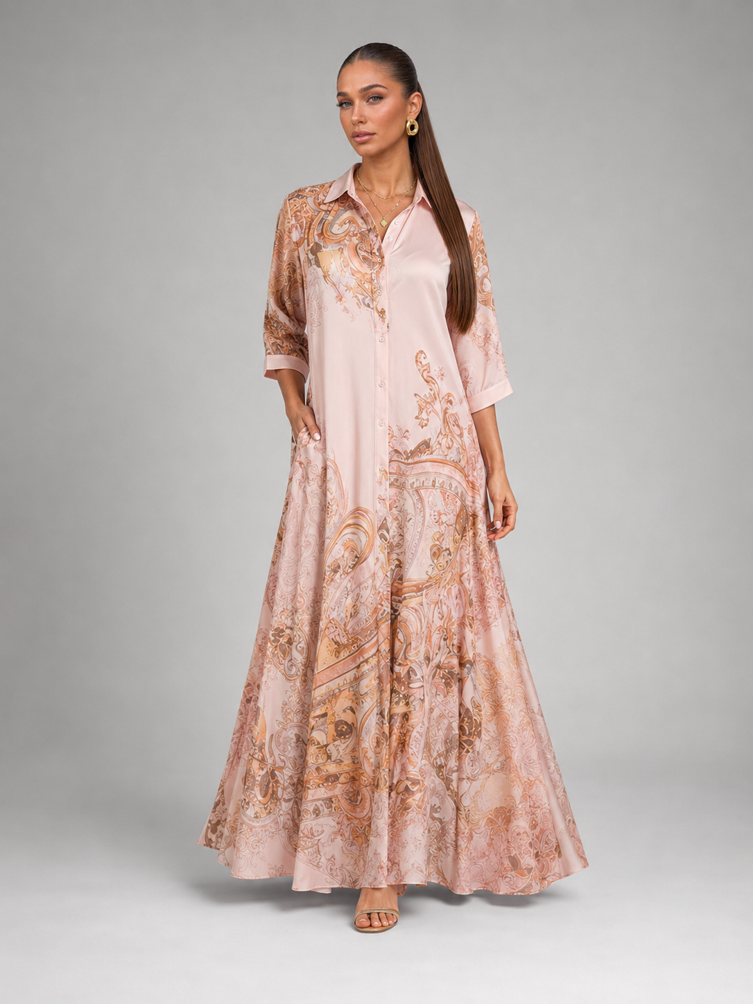 Feathorne Women's Baroque Print Button Front Maxi Dress - view 5