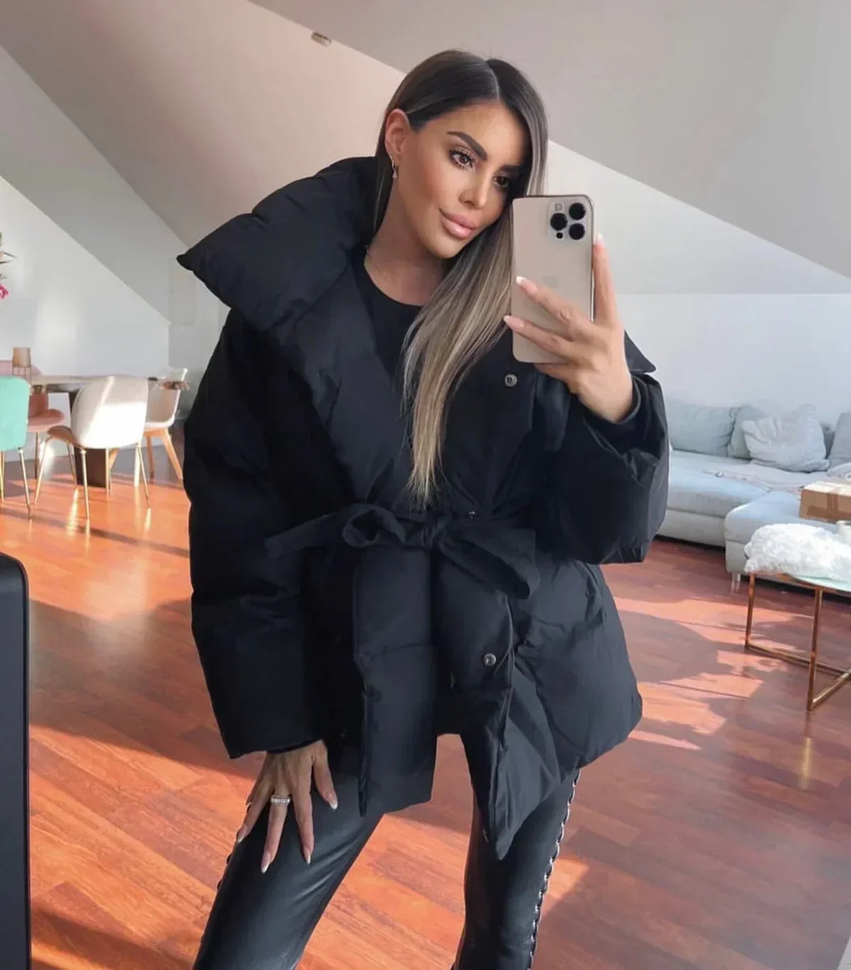 Feathorne Women's Black Belted Oversized Collar Puffer Jacket - view 3