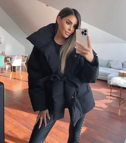 Feathorne Women's Black Belted Oversized Collar Puffer Jacket - view 3