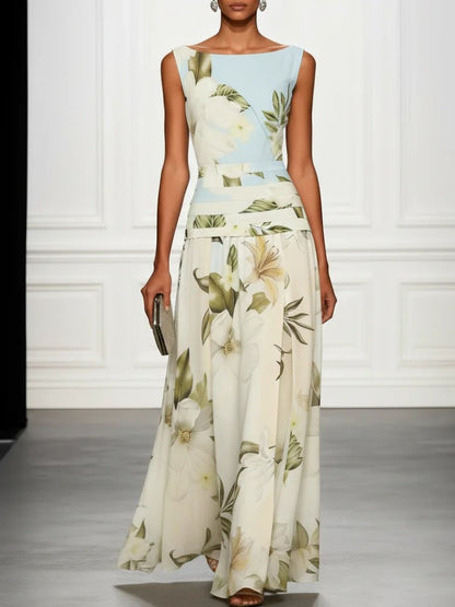 Feathorne Women's Cecily Multicolour Boat Neck Maxi Dress - close-up print detail