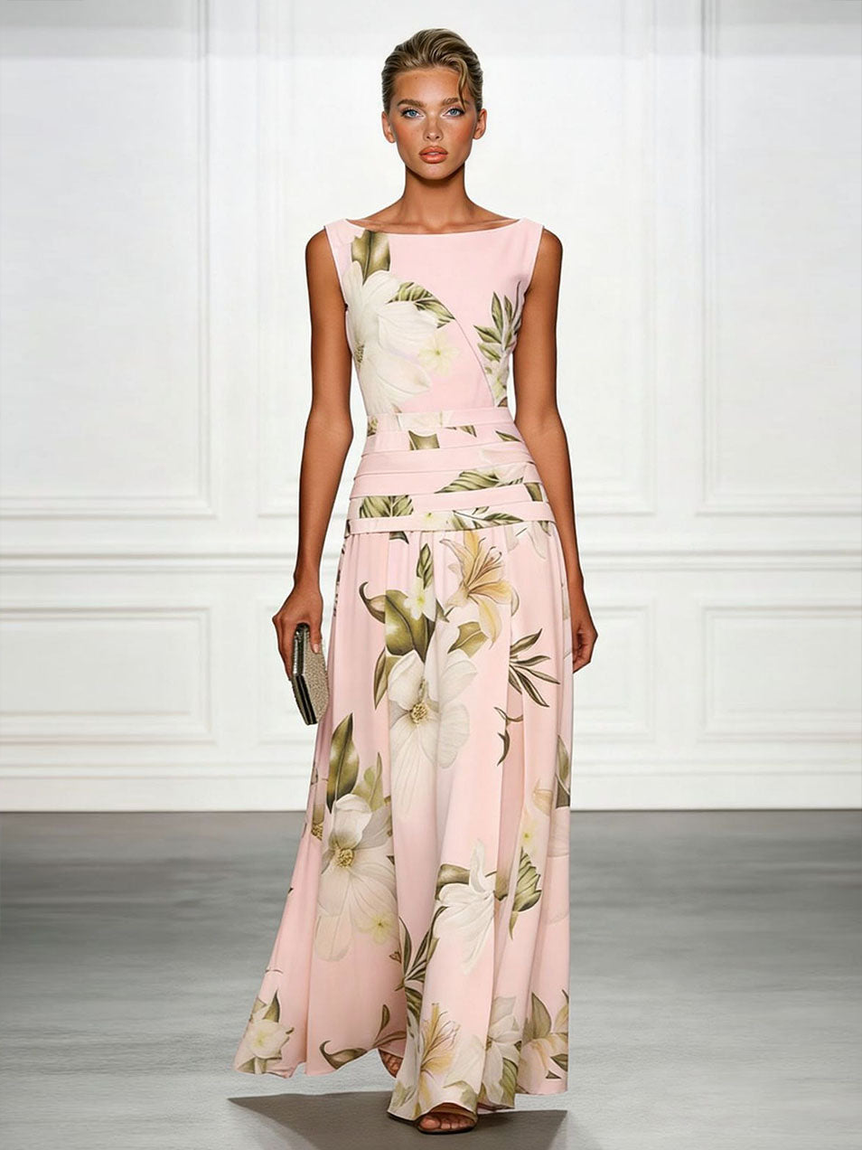 Feathorne Women's Cecily Multicolour Boat Neck Maxi Dress - front view