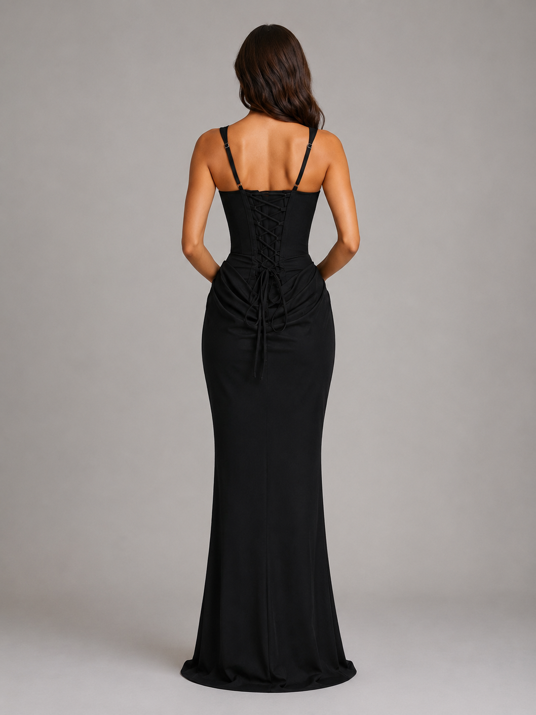 Feathorne Women's Octavia Black Bodycon Draped Corset Maxi Dress - full length styling