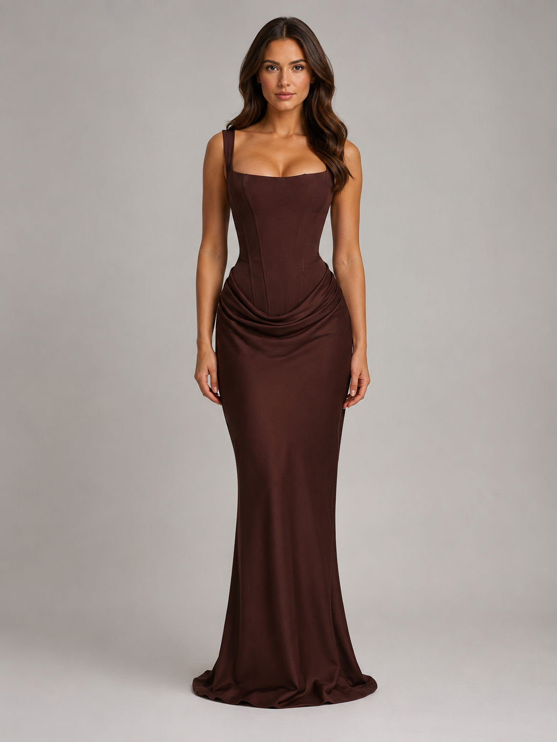 Feathorne Women's Octavia Brown Bodycon Draped Corset Maxi Dress - front view style