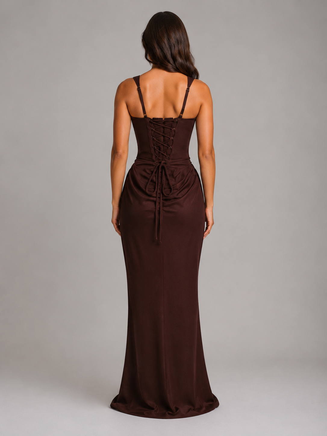 Feathorne Women's Octavia Brown Bodycon Draped Corset Maxi Dress - side view style