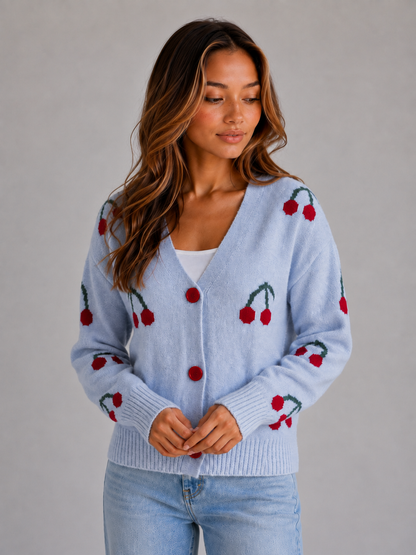 Feathorne Women's Cherry Print V-Neck Cardigan - view 5