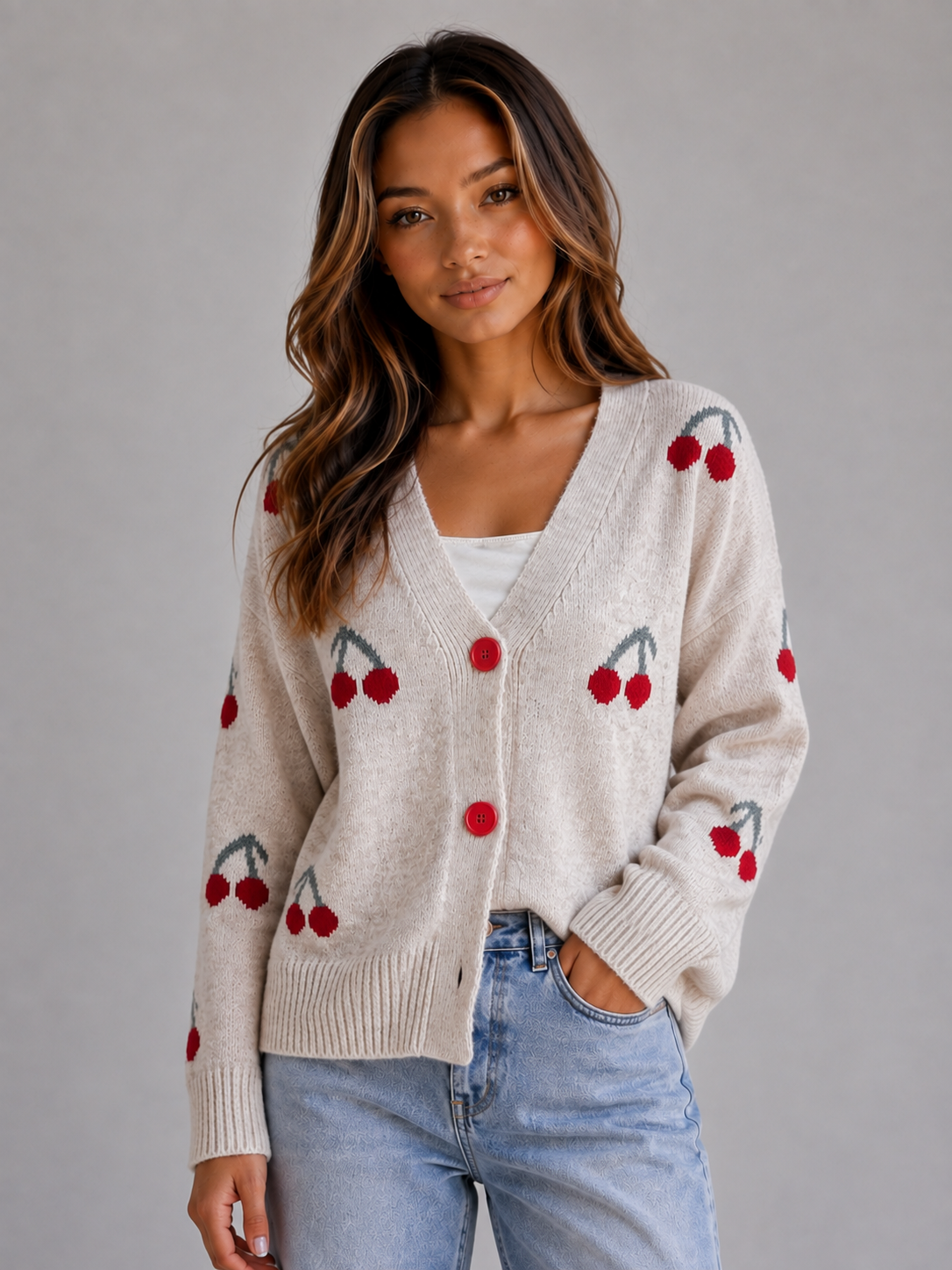 Feathorne Women's Cherry Print V-Neck Cardigan - view 4