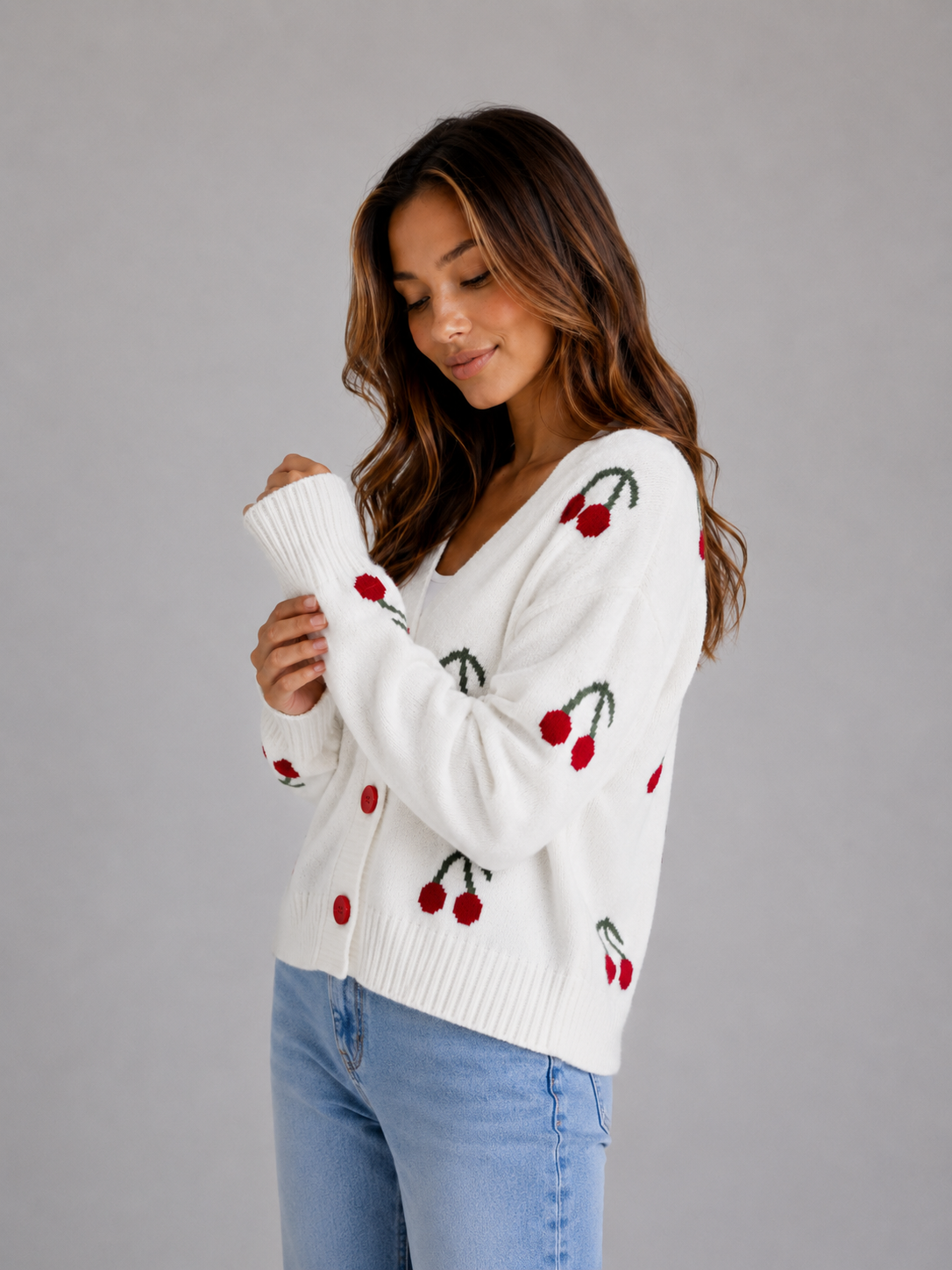 Feathorne Women's Cherry Print V-Neck Cardigan - view 3