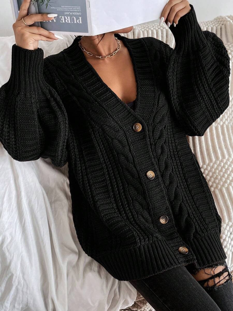 Feathorne Women's Chunky Cable Knit Balloon Sleeve Cardigan - view 12