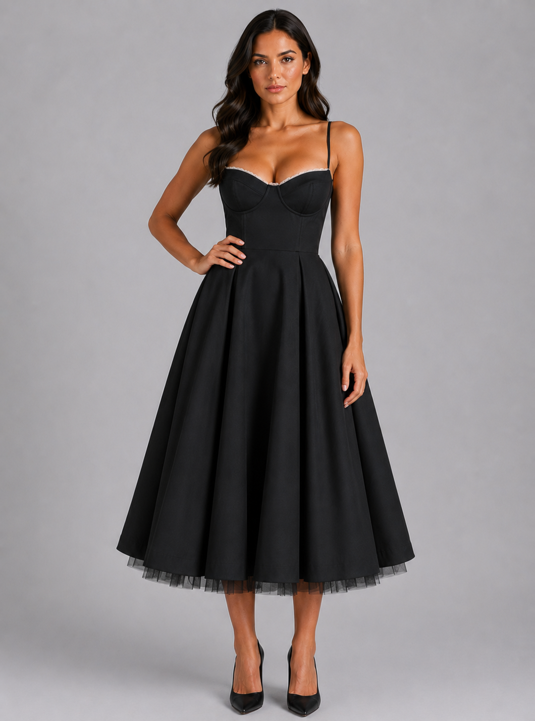 Women's Corset Midi Dress Florence (with Full Skirt) by Feathorne - front