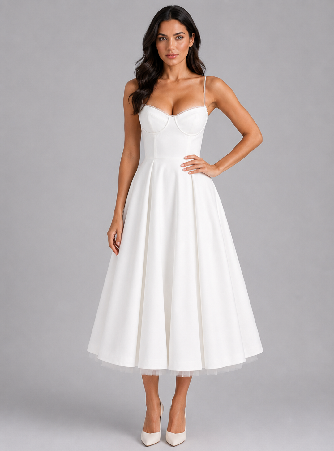 Women's Corset Midi Dress Florence (with Full Skirt) by Feathorne - front