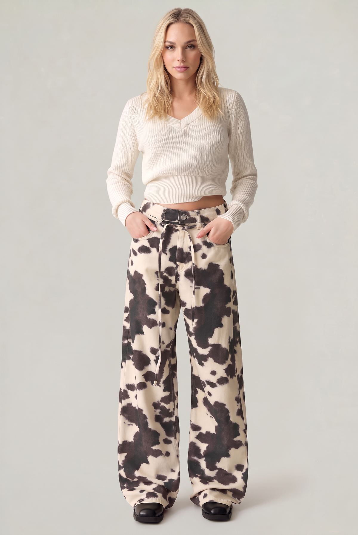 Feathorne Women's Cow Print High Waist Wide Leg Jeans - view 2