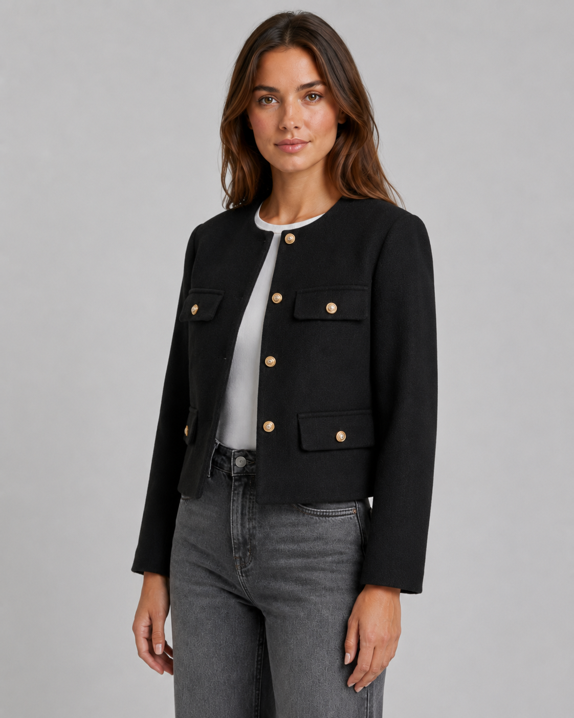 Feathorne Women's Rosalyn Black Cropped Collarless Jacket - styled view