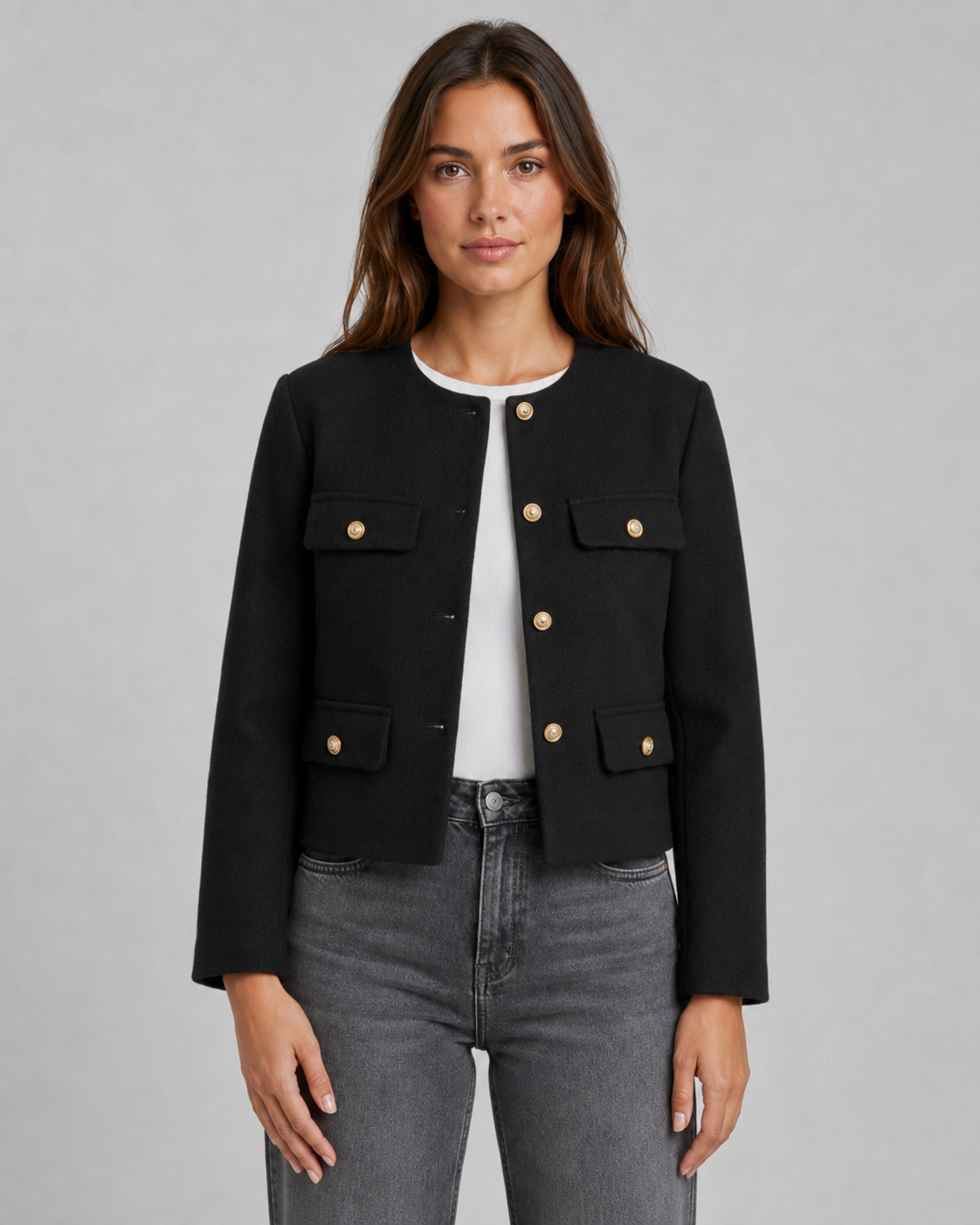 Feathorne Women's Rosalyn Green Cropped Collarless Jacket - styled view