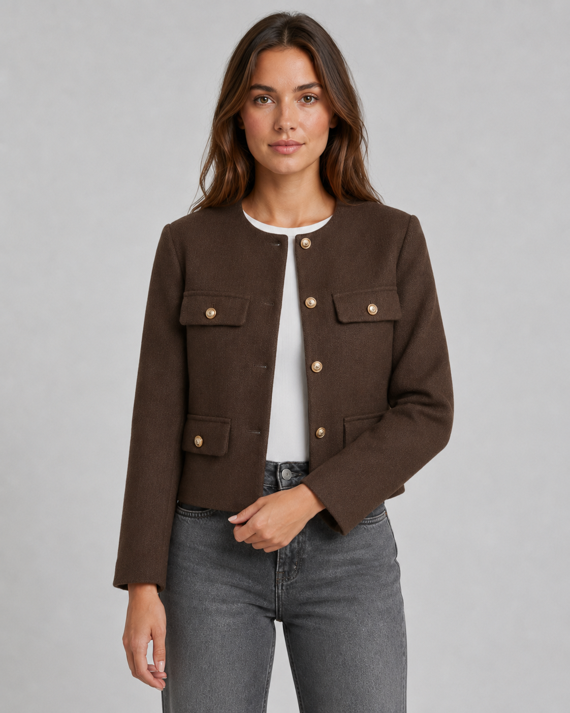 Feathorne Women's Rosalyn Chocolate Brown Cropped Collarless Jacket - front view style