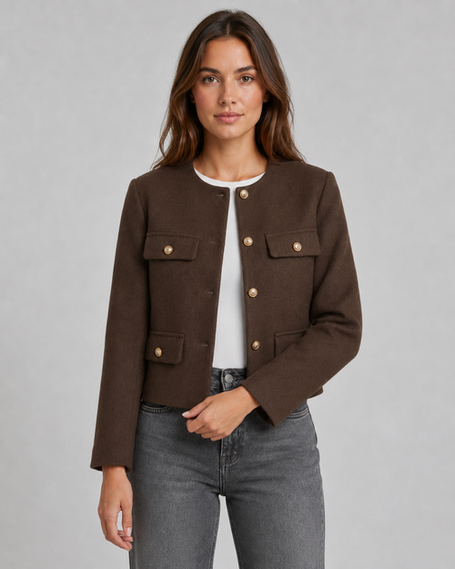 Feathorne Women's Rosalyn Chocolate Brown Cropped Collarless Jacket - front view style