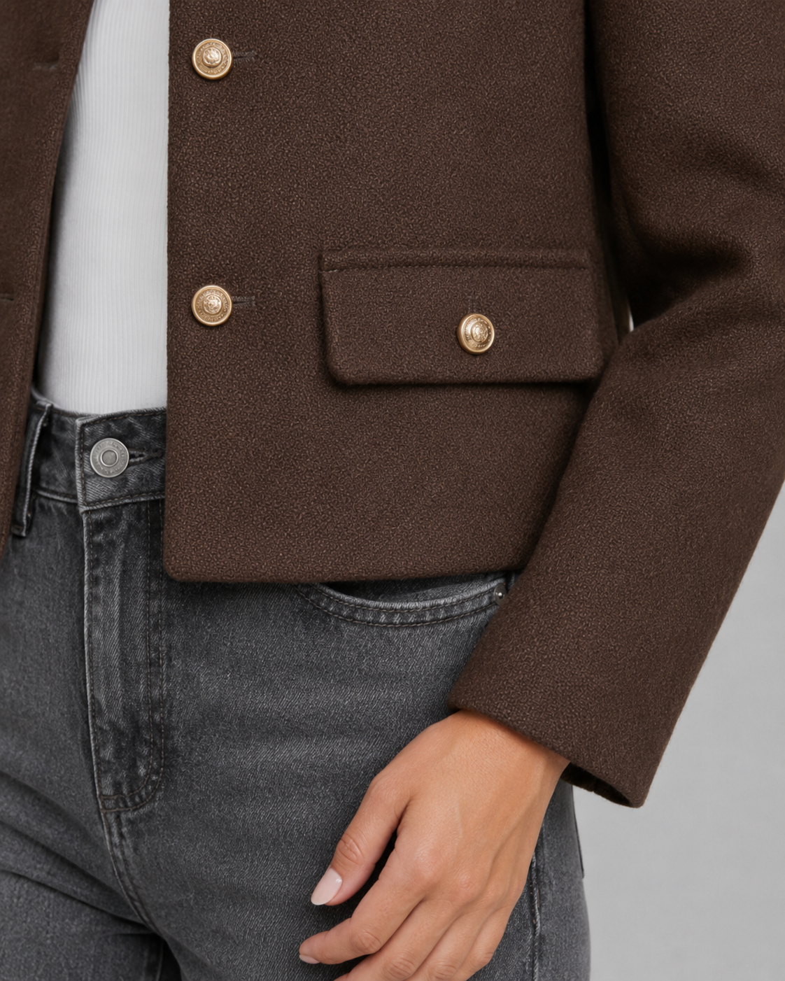 Feathorne Women's Rosalyn Chocolate Brown Cropped Collarless Jacket - detail view showing gold buttons