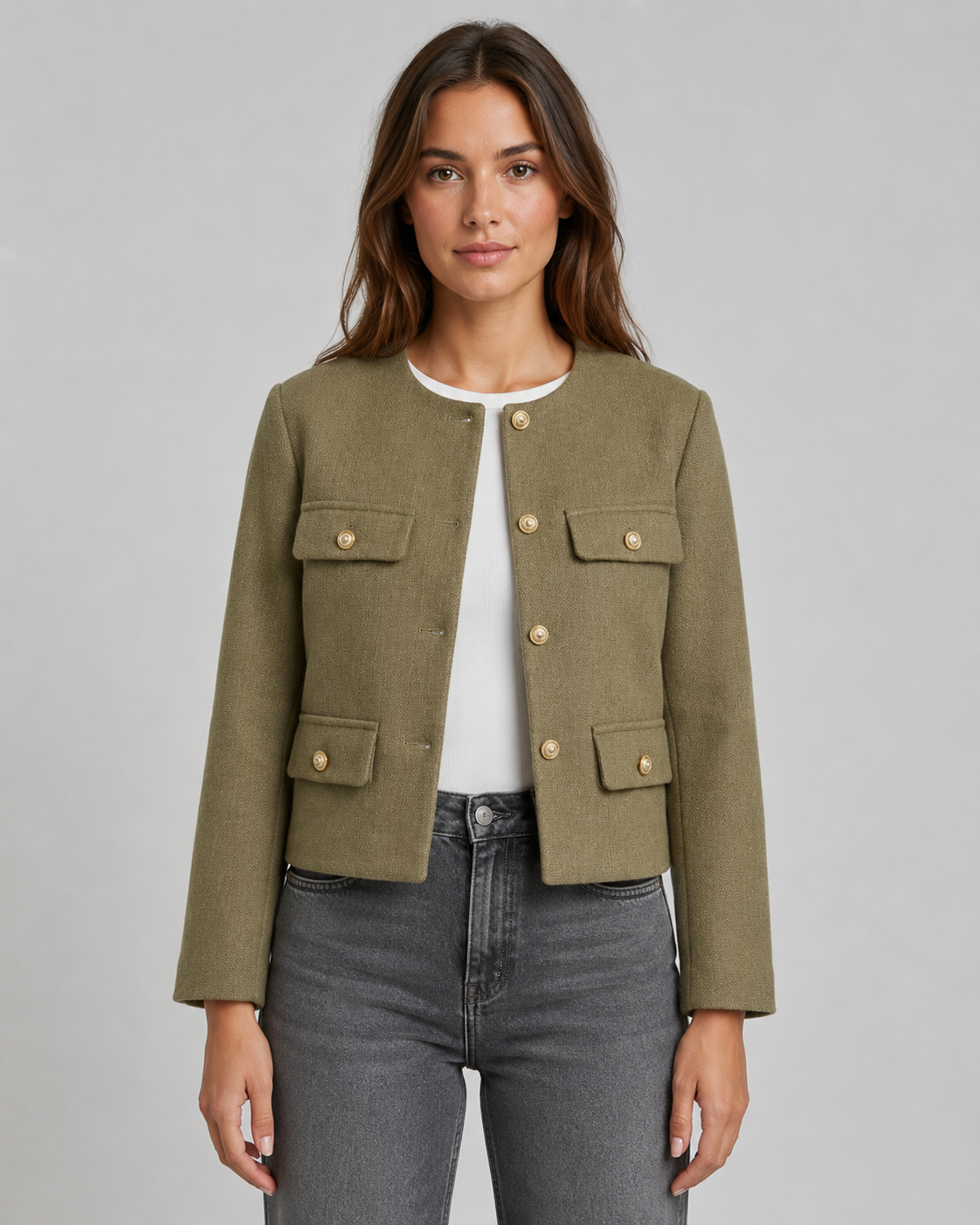 Feathorne Women's Rosalyn Grey Cropped Collarless Jacket - front view style