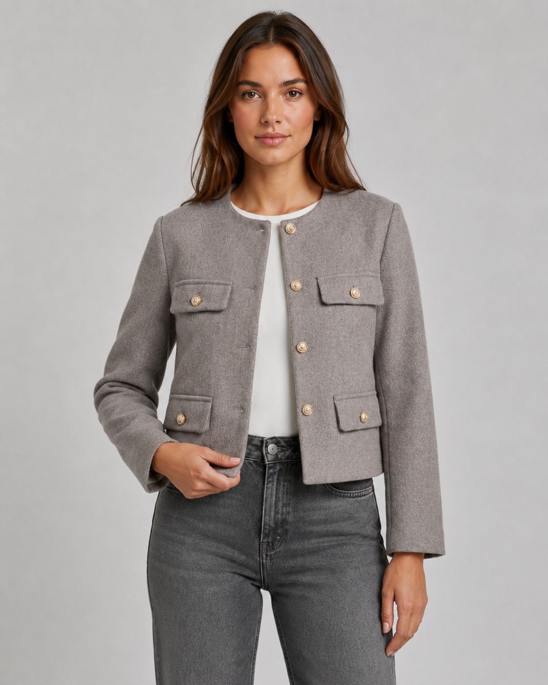 Feathorne Women's Rosalyn Grey Cropped Collarless Jacket - styled view