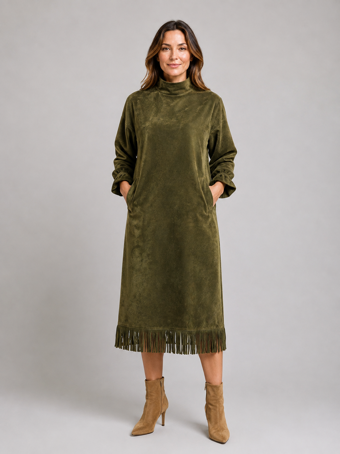Feathorne Women's Olive Green Faux Suede Fringe Hem Midi Dress - view 1