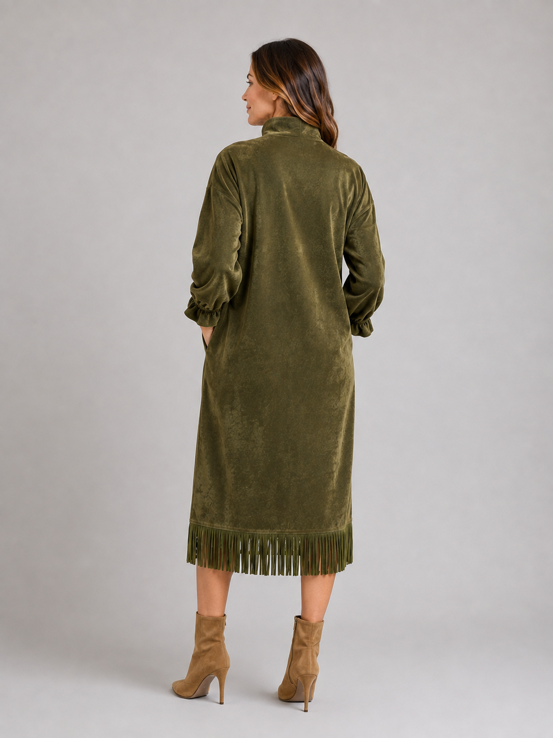 Feathorne Women's Olive Green Faux Suede Fringe Hem Midi Dress - view 2
