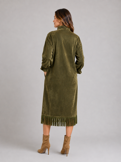 Feathorne Women's Olive Green Faux Suede Fringe Hem Midi Dress - view 2