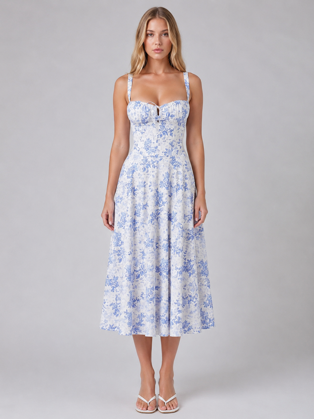 Feathorne Women's Cecily Floral Corset Sweetheart Neck Midi Dress - front view style