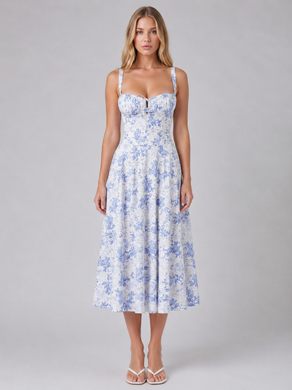 Feathorne Women's Cecily Floral Corset Sweetheart Neck Midi Dress - front view style