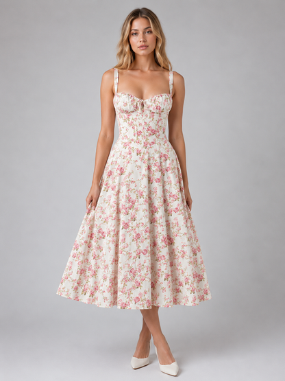 Feathorne Women's Cecily Floral Corset Sweetheart Neck Midi Dress - back view showing details