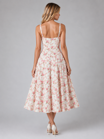Feathorne Women's Cecily Floral Corset Sweetheart Neck Midi Dress - full length styling
