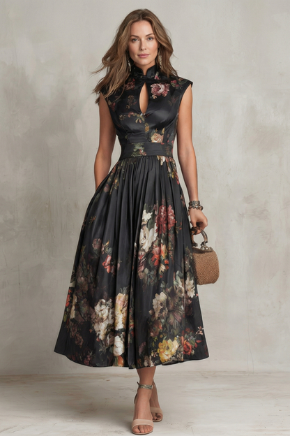 Feathorne Women's Georgette Black Floral Keyhole Midi Dress - side view style