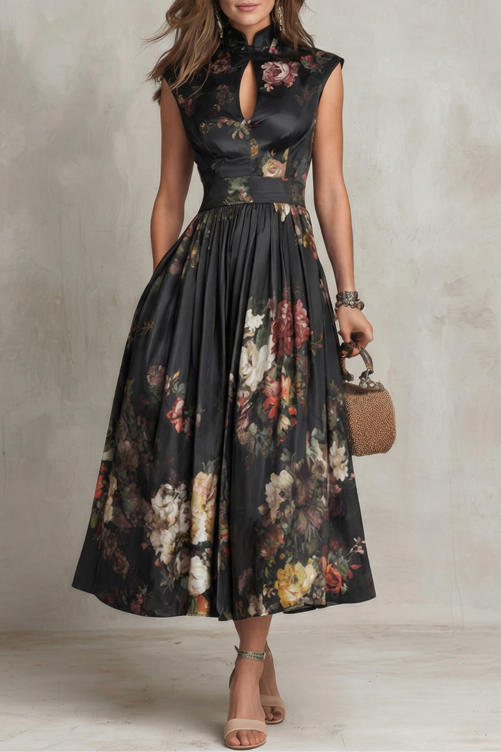 Feathorne Women's Georgette Black Floral Keyhole Midi Dress - front view style