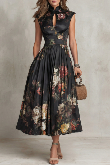 Feathorne Women's Georgette Black Floral Keyhole Midi Dress - front view style