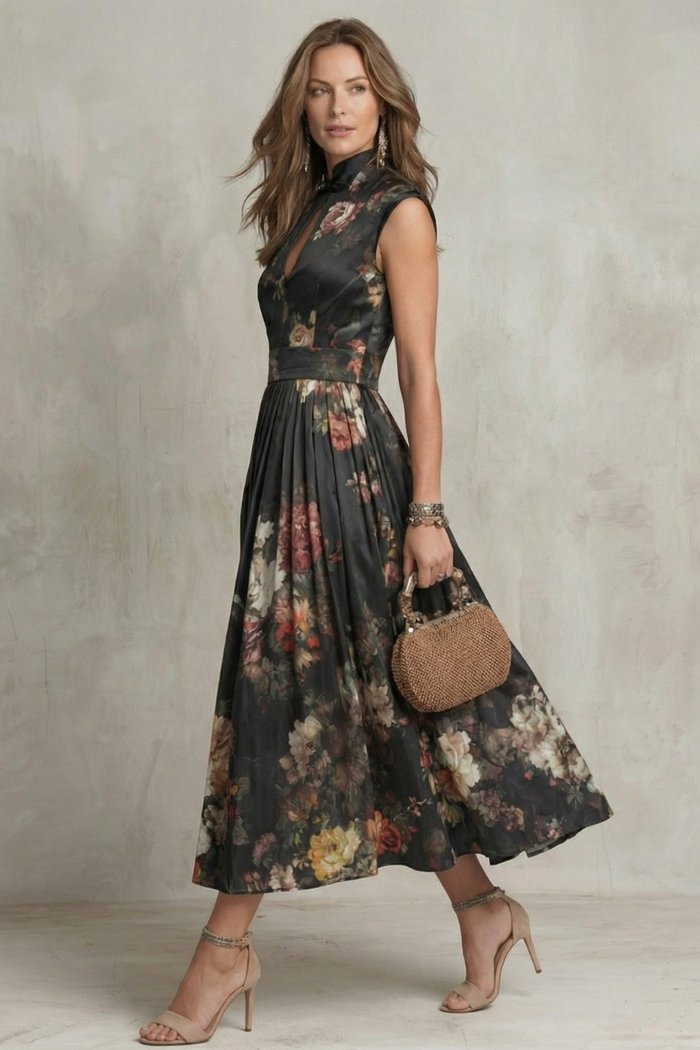 Feathorne Women's Georgette Black Floral Keyhole Midi Dress - detail view showing keyhole neckline