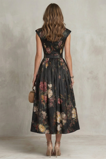 Feathorne Women's Georgette Black Floral Keyhole Midi Dress - back view showing details