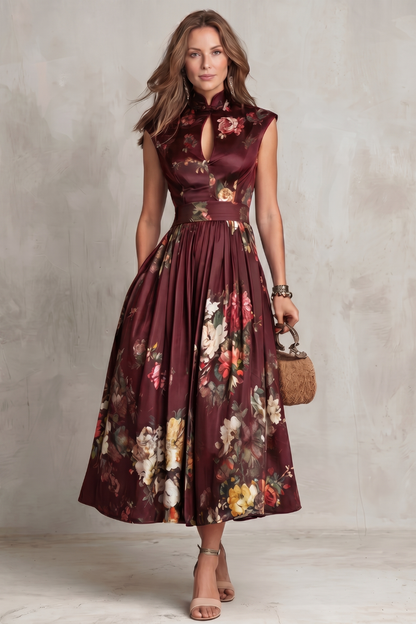 Feathorne Women's Georgette Burgundy Floral Keyhole Midi Dress - full length styling