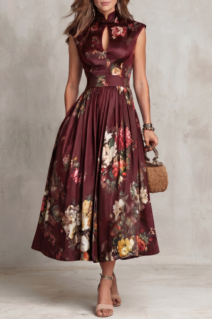 Feathorne Women's Georgette Burgundy Floral Keyhole Midi Dress - front view style