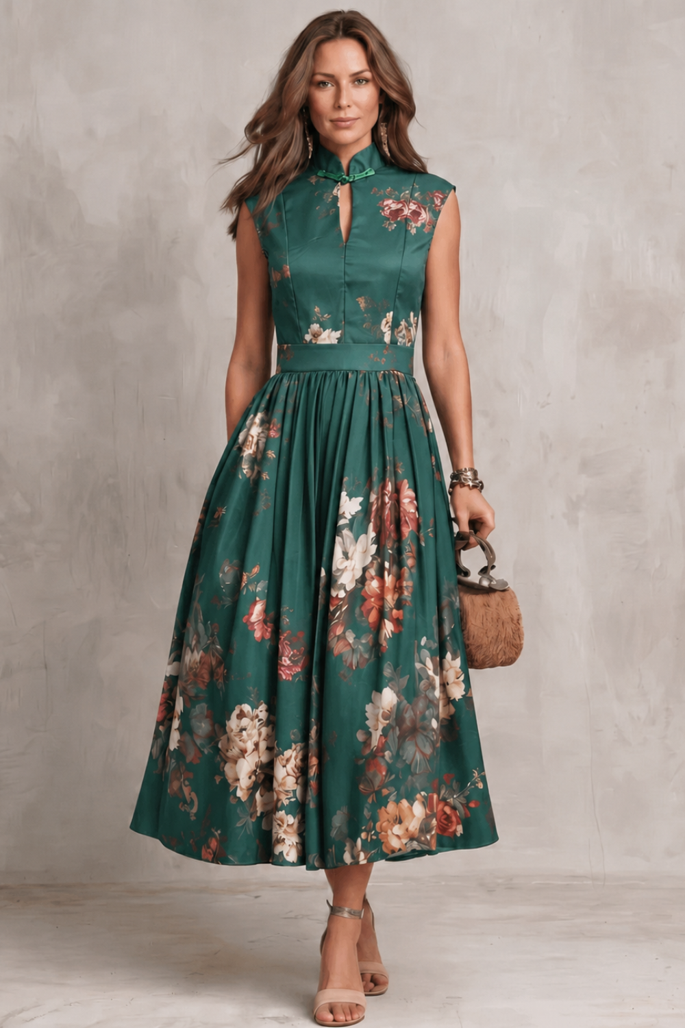 Feathorne Women's Georgette Green Floral Keyhole Midi Dress - styled view