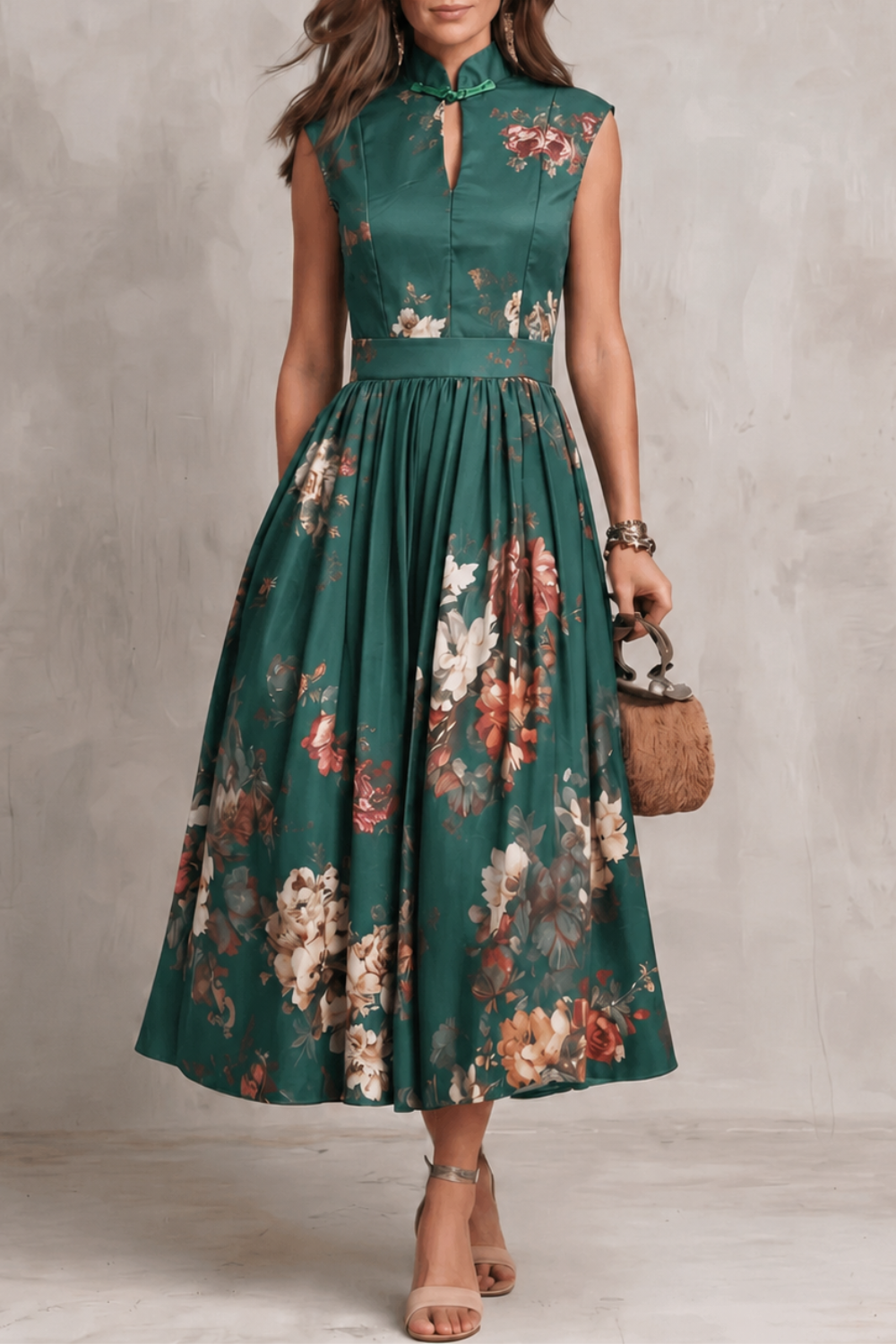 Feathorne Women's Georgette Green Floral Keyhole Midi Dress - front view style