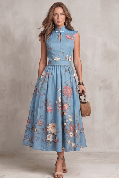 Feathorne Women's Georgette Light Blue Floral Keyhole Midi Dress - styled view