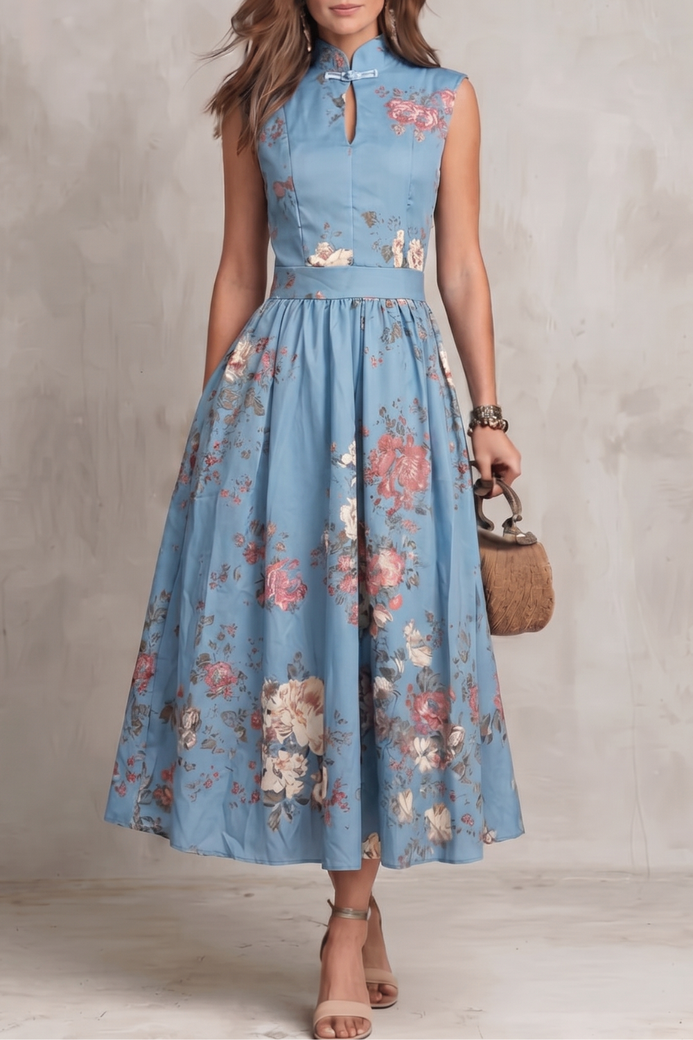 Feathorne Women's Georgette Light Blue Floral Keyhole Midi Dress - front view style
