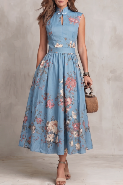 Feathorne Women's Georgette Light Blue Floral Keyhole Midi Dress - front view style