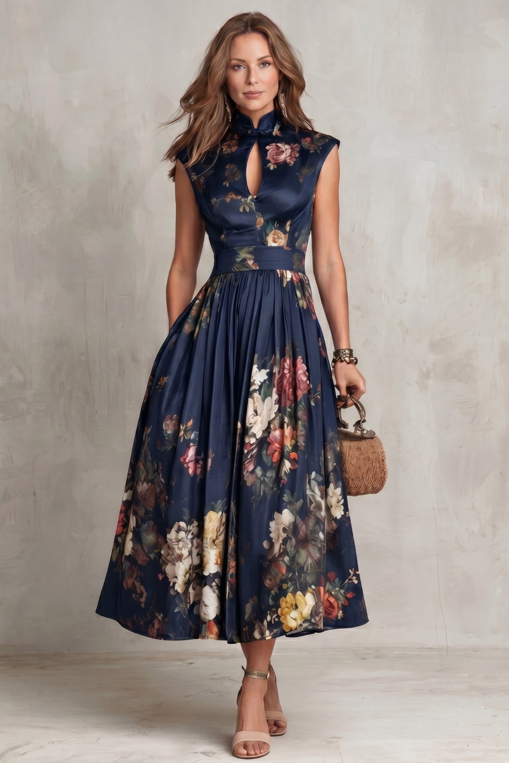 Feathorne Women's Georgette Navy Blue Floral Keyhole Midi Dress - detail view showing print