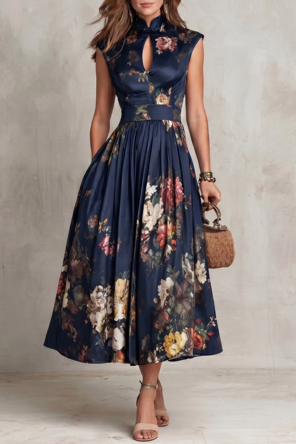 Feathorne Women's Georgette Navy Blue Floral Keyhole Midi Dress - front view style