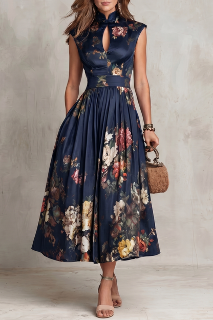 Feathorne Women's Georgette Navy Blue Floral Keyhole Midi Dress - front view style
